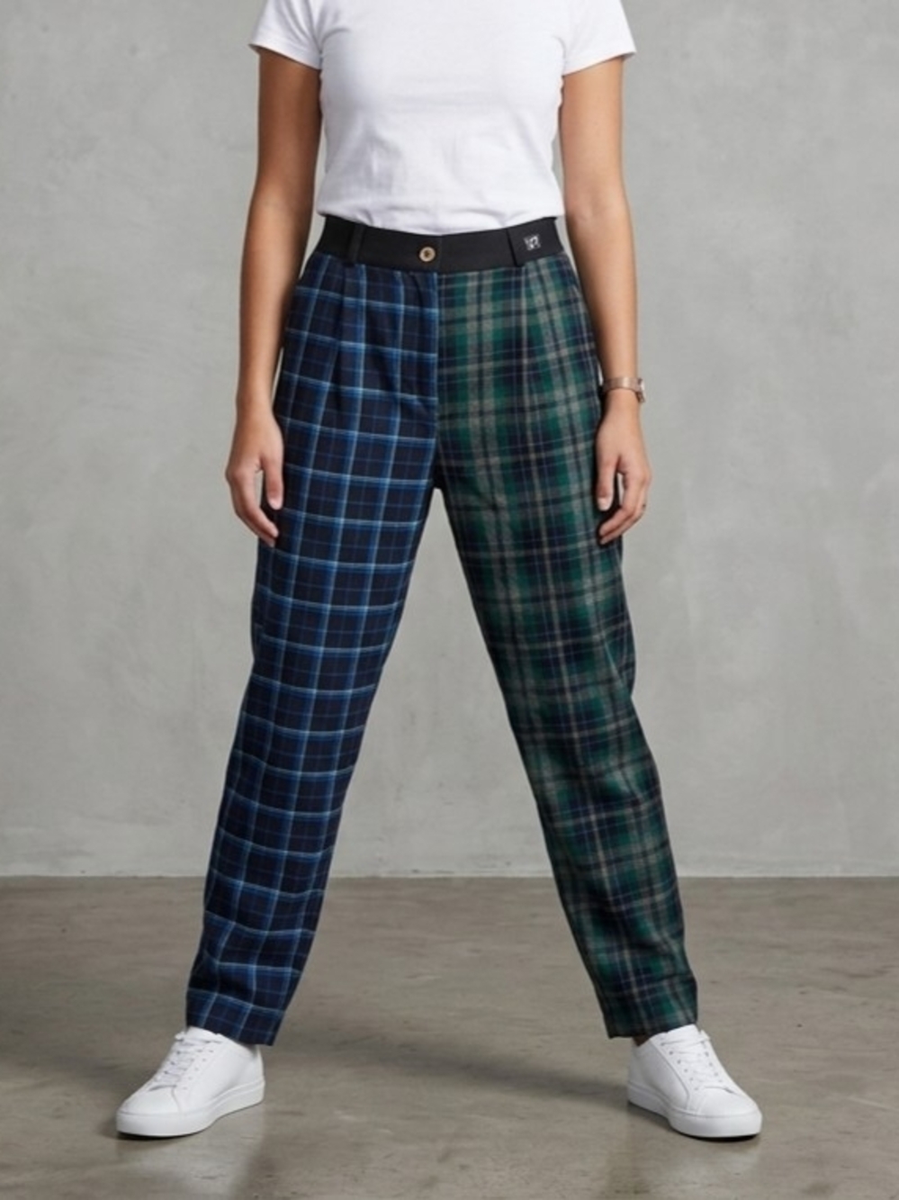 LTT Plaid Straight-Leg Wool Blend Contrast Trousers in Blue & Green Size 10